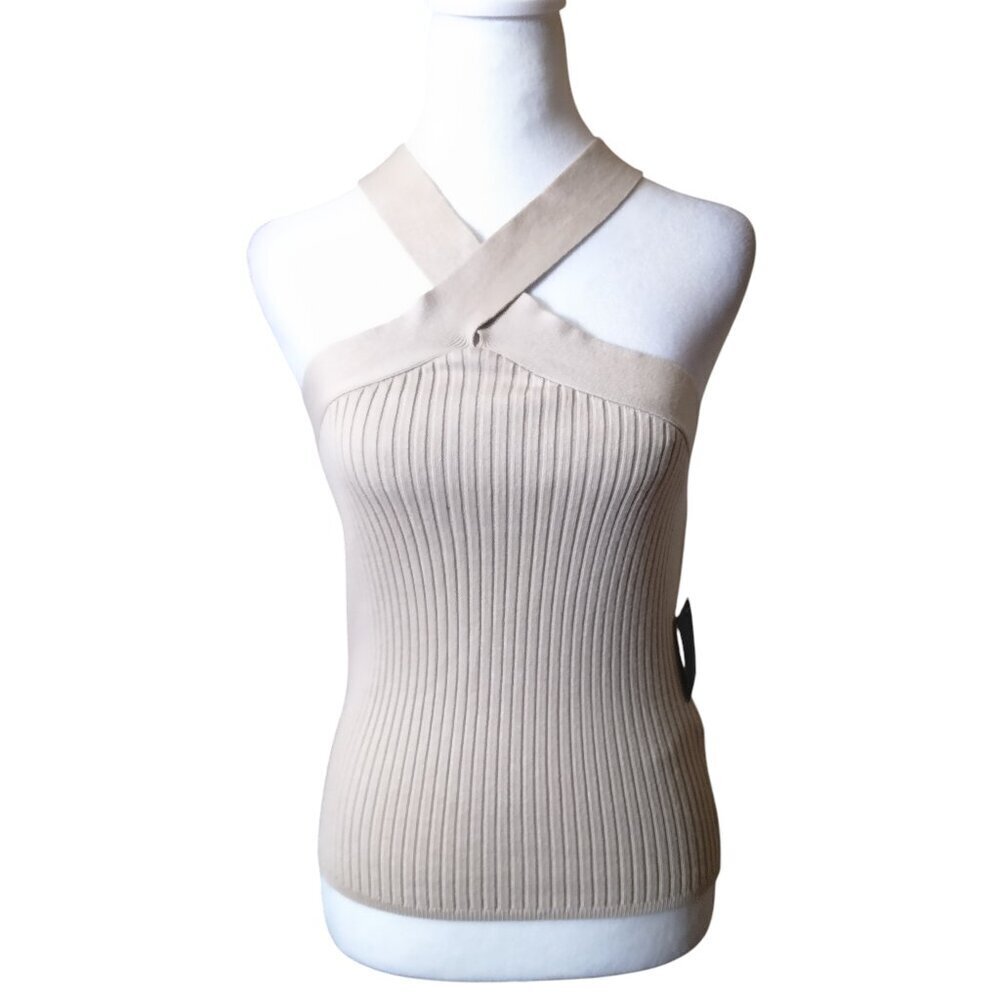 Avec Les Filles Medium Beige Ribbed Knit Halter Tank Top Neutral Minimalist New